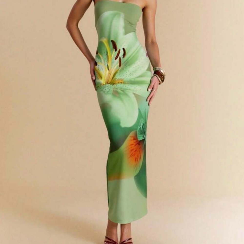 Floral Strapless Green Dress
